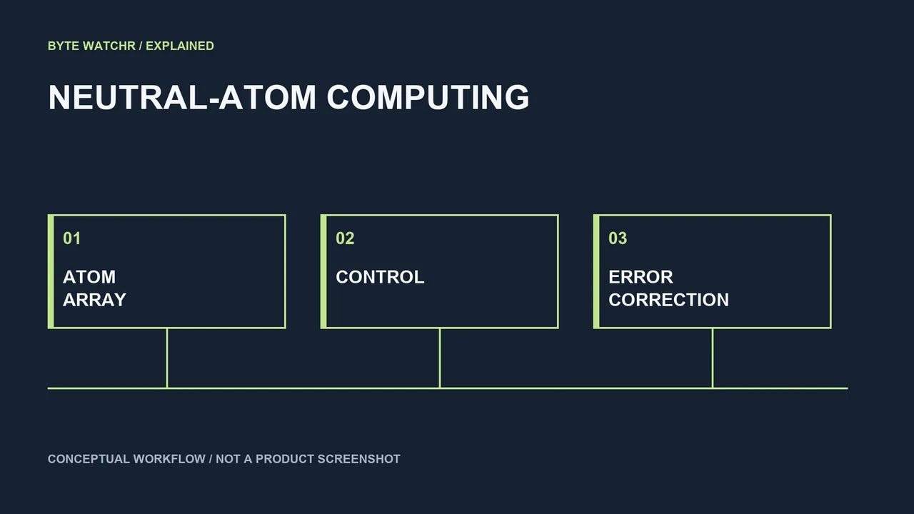 Conceptual neutral-atom system: physical atoms, control and error correction must work together. Not an Oratomic machine or performance result.