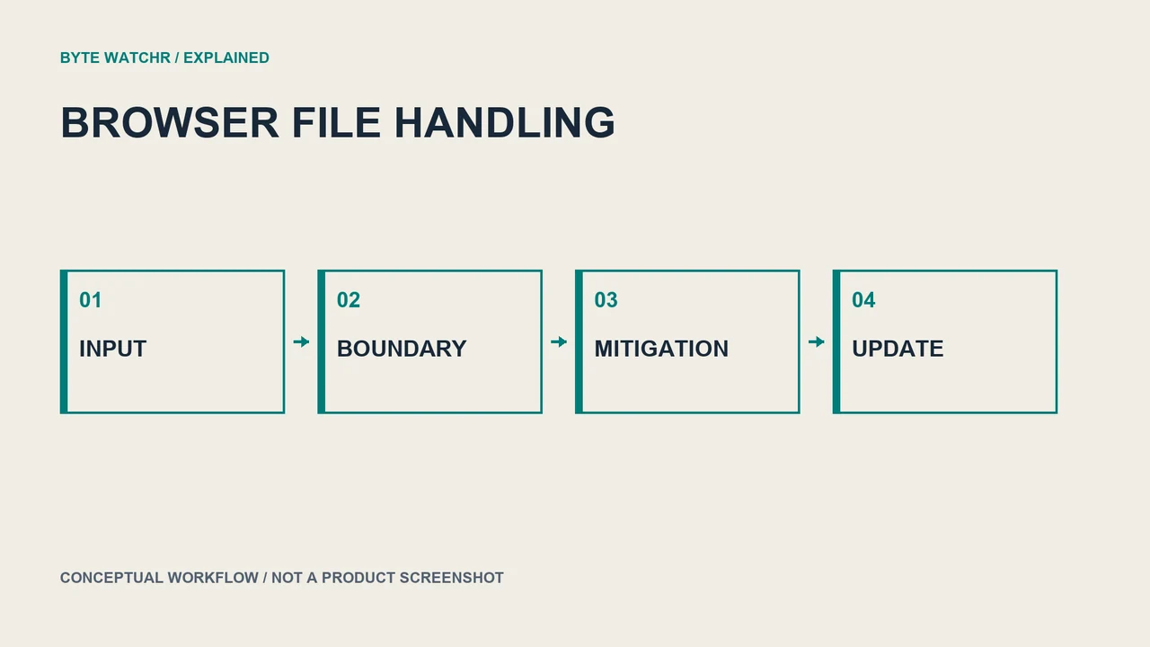 Browser file handling needs security boundaries and current mitigations. Conceptual graphic, not an exploit diagram.