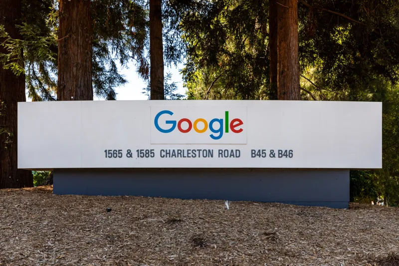 Google sign for offices at 1565 and 1585 Charleston Road in Mountain View.