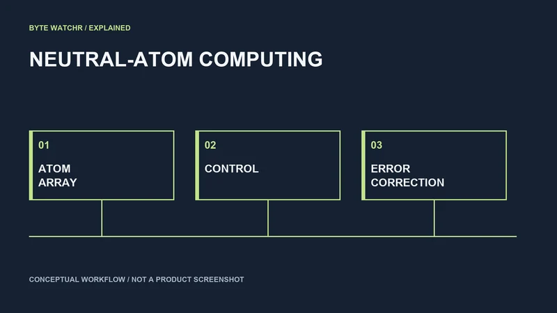 Conceptual neutral-atom system: physical atoms, control and error correction must work together. Not an Oratomic machine or performance result.