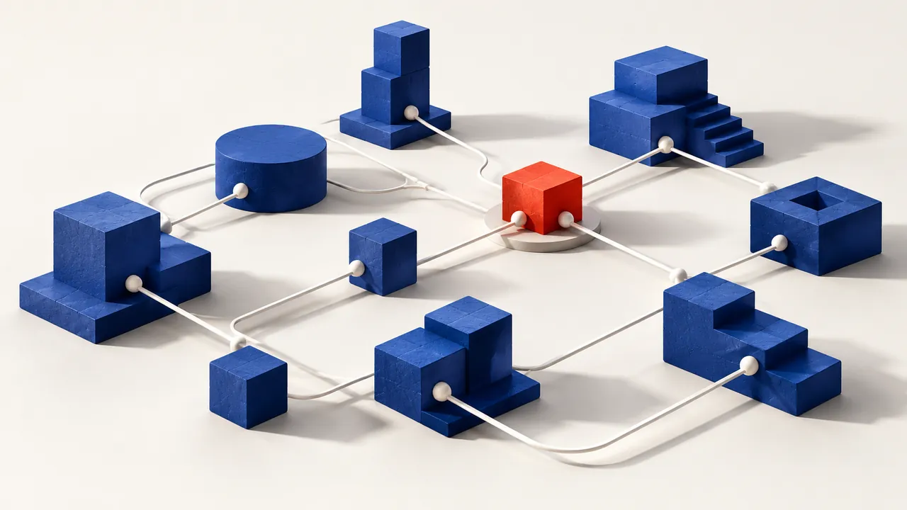 Conceptual illustration of connected modules with a contrasting checkpoint, representing staged AI agent work.