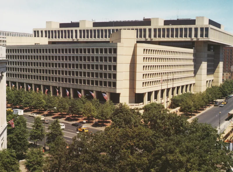 Wide view of the J. Edgar Hoover FBI headquarters building in Washington, D.C.