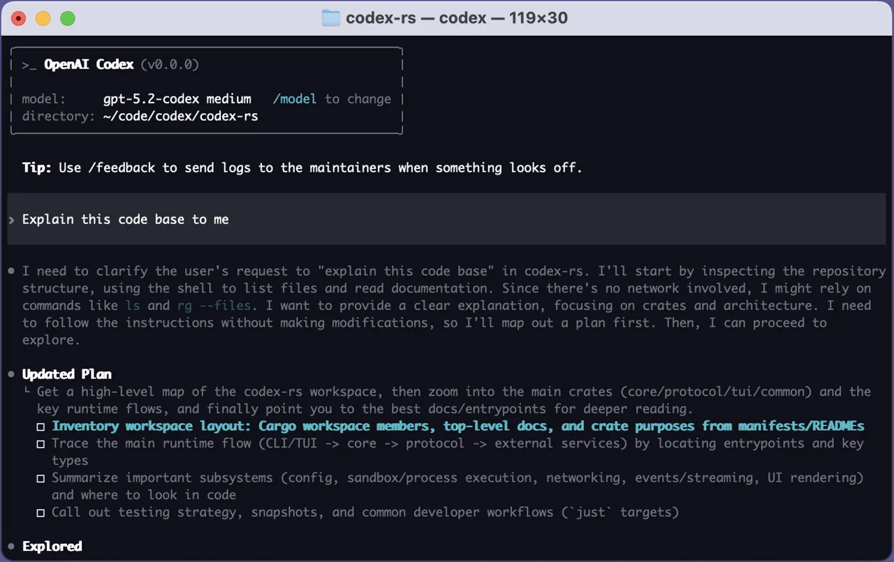 A Codex CLI session displayed in a dark terminal window.