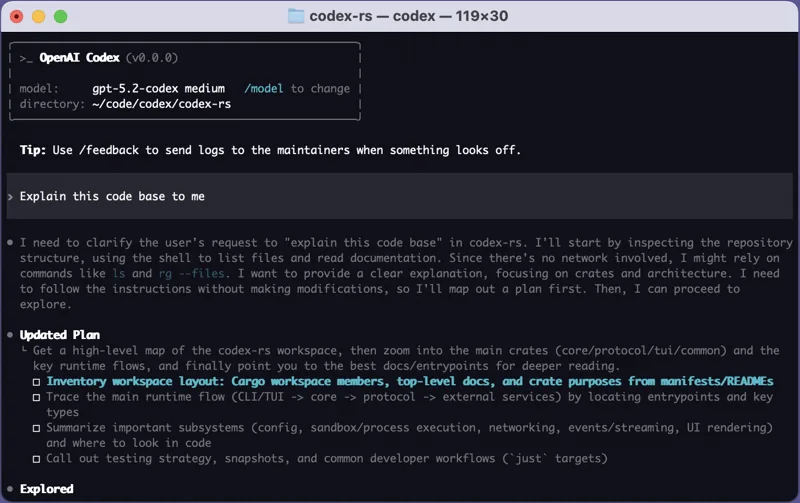 A Codex CLI session displayed in a dark terminal window.