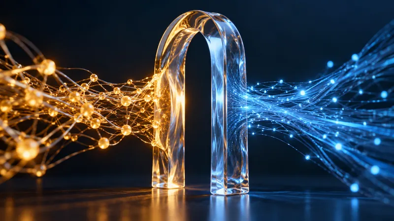 Conceptual illustration of a glass gateway separating amber and blue network strands.