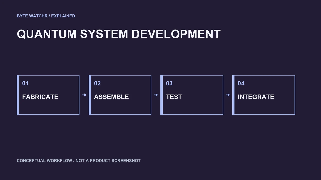 Quantum hardware development connects fabrication, assembly, testing and system integration. No completed PsiQuantum system or benchmark is depicted.