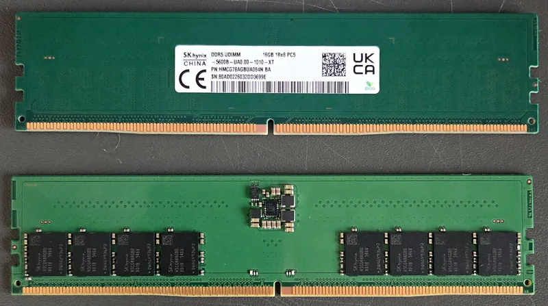 Front and back of an SK hynix 16 GB DDR5-5600 desktop memory module.
