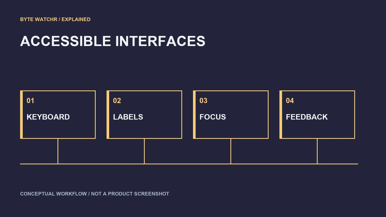 Keyboard operation, labels, visible focus and feedback are parts of accessible interfaces.