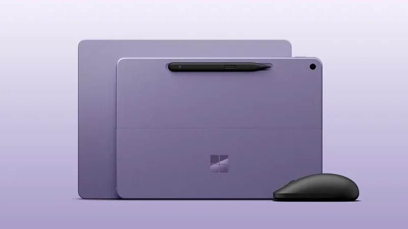 A purple Microsoft Surface device with a pen and a black mouse against a pale purple background.