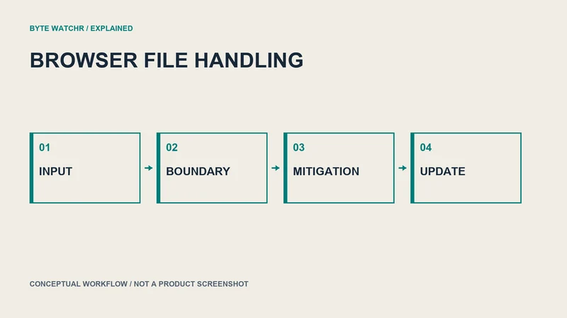 Browser file handling needs security boundaries and current mitigations. Conceptual graphic, not an exploit diagram.