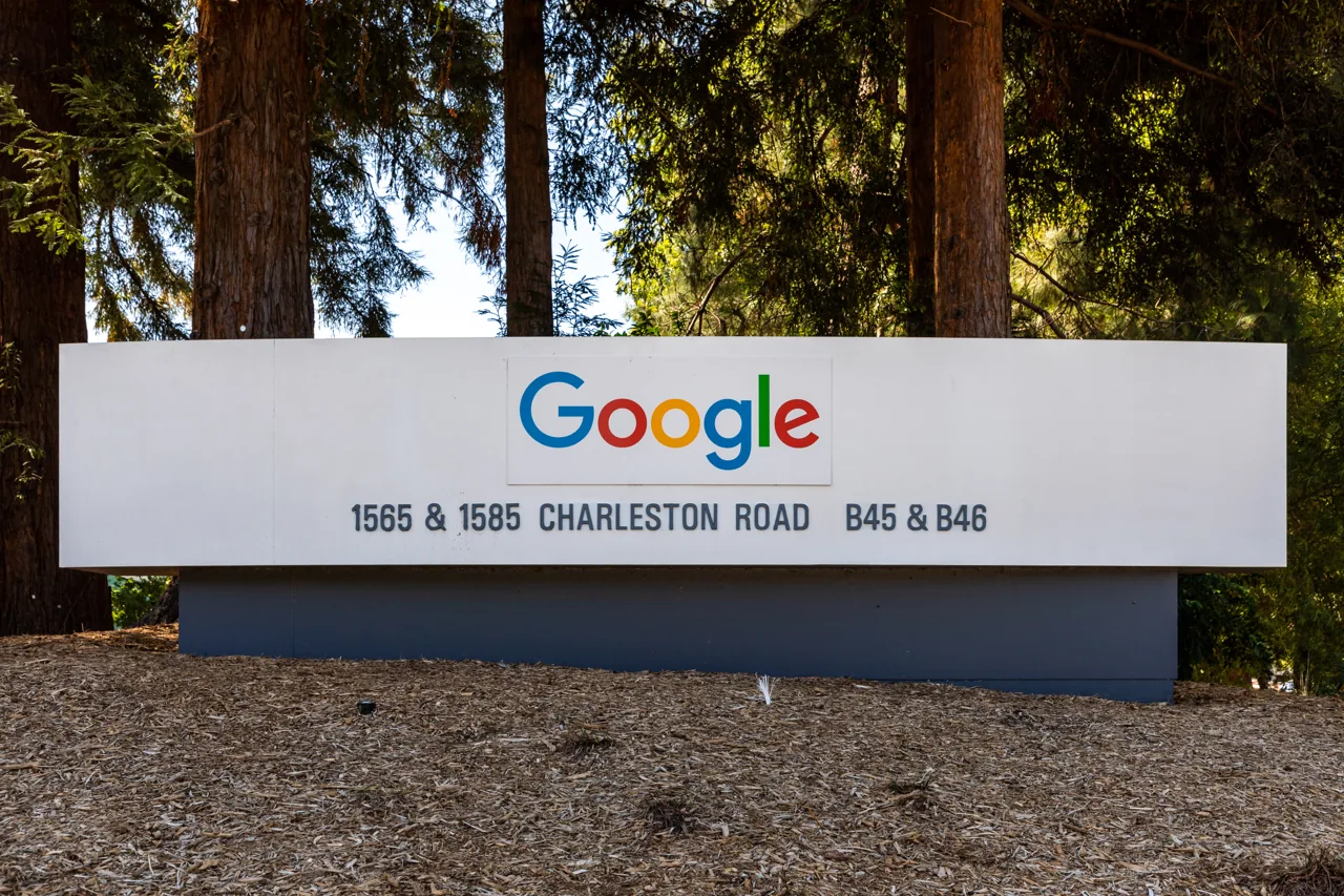 Google sign for offices at 1565 and 1585 Charleston Road in Mountain View.