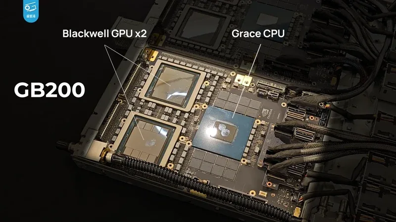 An annotated GB200 assembly showing two Blackwell GPUs beside a Grace CPU.
