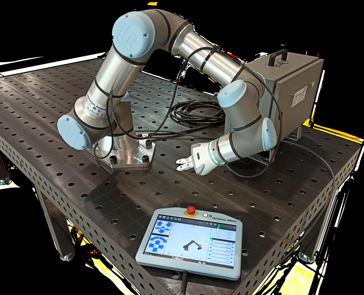 Universal Robots UR16e collaborative robot with its controller and teach pendant.