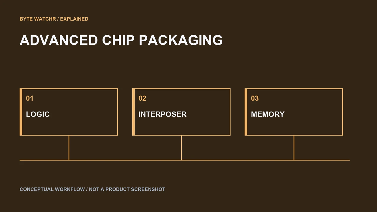 Conceptual packaging diagram: logic and memory connect through an interposer. No specific product layout or manufacturing capacity is implied.