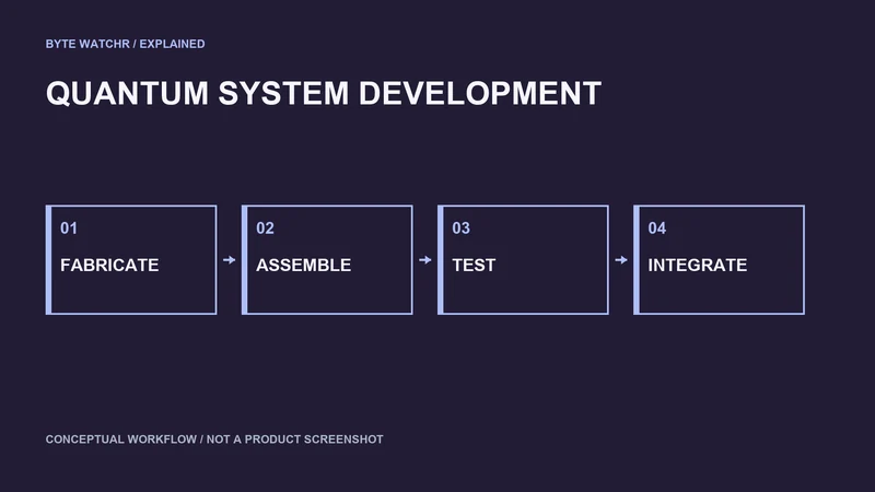 Quantum hardware development connects fabrication, assembly, testing and system integration. No completed PsiQuantum system or benchmark is depicted.
