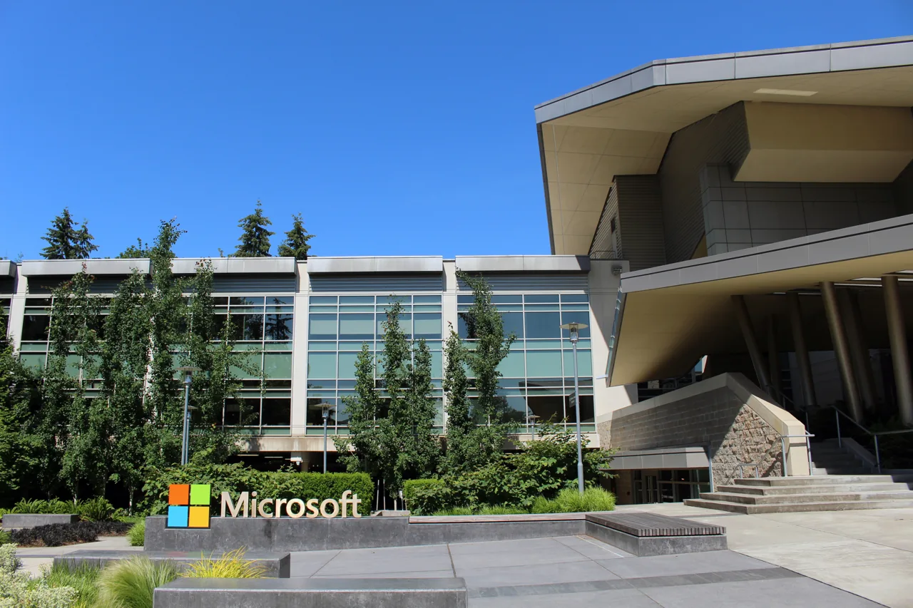 Microsoft sign outside Building 92 at the company’s Redmond campus.