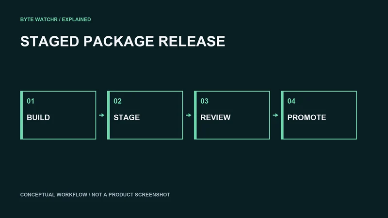 A staged package becomes installable after promotion. Conceptual npm release workflow, not a product screenshot.