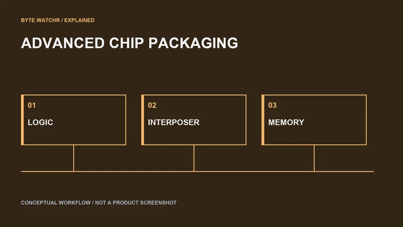 Conceptual packaging diagram: logic and memory connect through an interposer. No specific product layout or manufacturing capacity is implied.